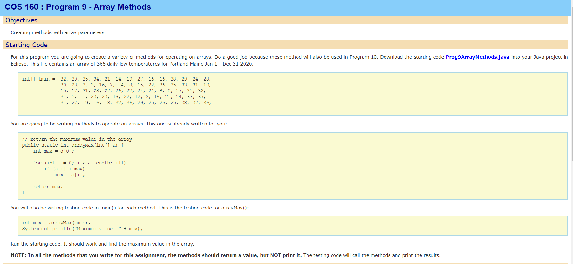 Prog9ArrayMethods.java Code public class | Chegg.com