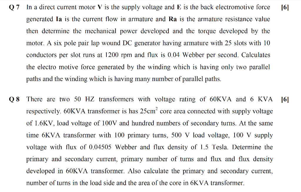 Solved [6] Q7 In a direct current motor V is the supply | Chegg.com