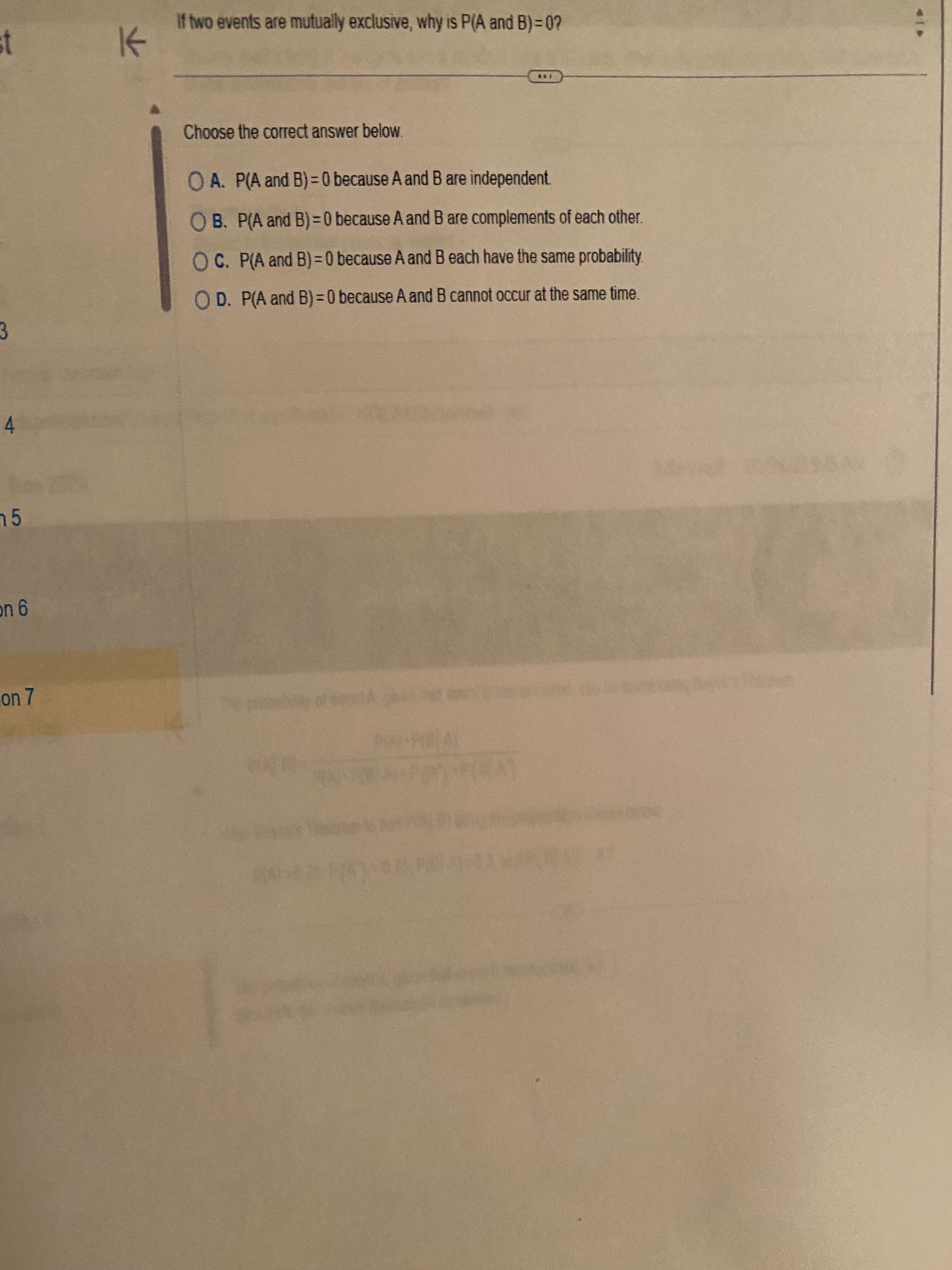 Solved Choose The Correct Answer Below. A. P(A And B)=0 | Chegg.com