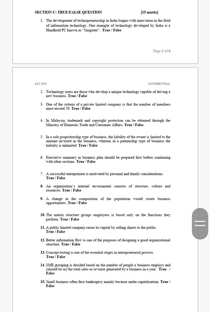 Solved Section C True False Question 15 Marks 1 The Chegg Com