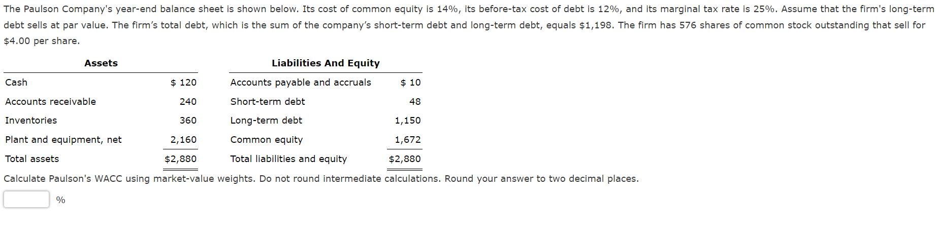 Solved $4.00 per share. Calculate Paulson's WACC using | Chegg.com