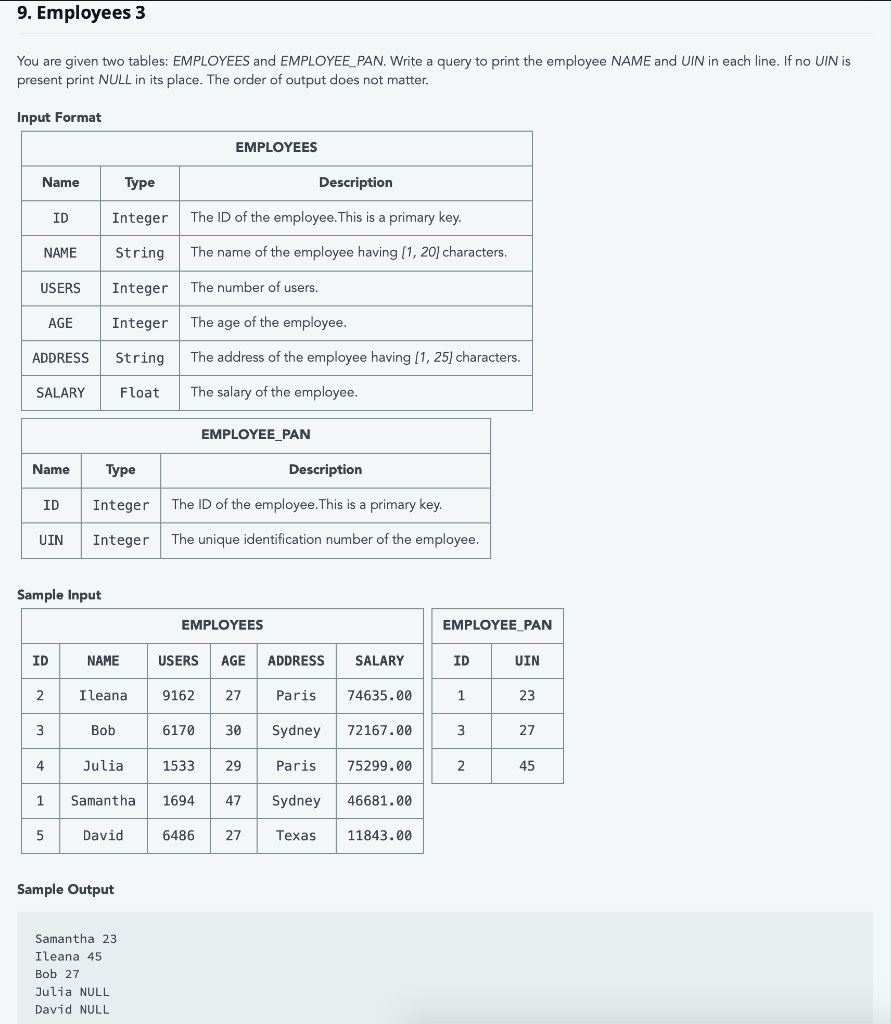 Solved 9 Employees 3 Given Two Tables Employees Employeepan Write Query Print Employee Name