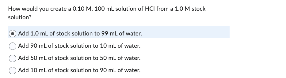 Solved How would you create a 0.10M,100 mL solution of HCl | Chegg.com