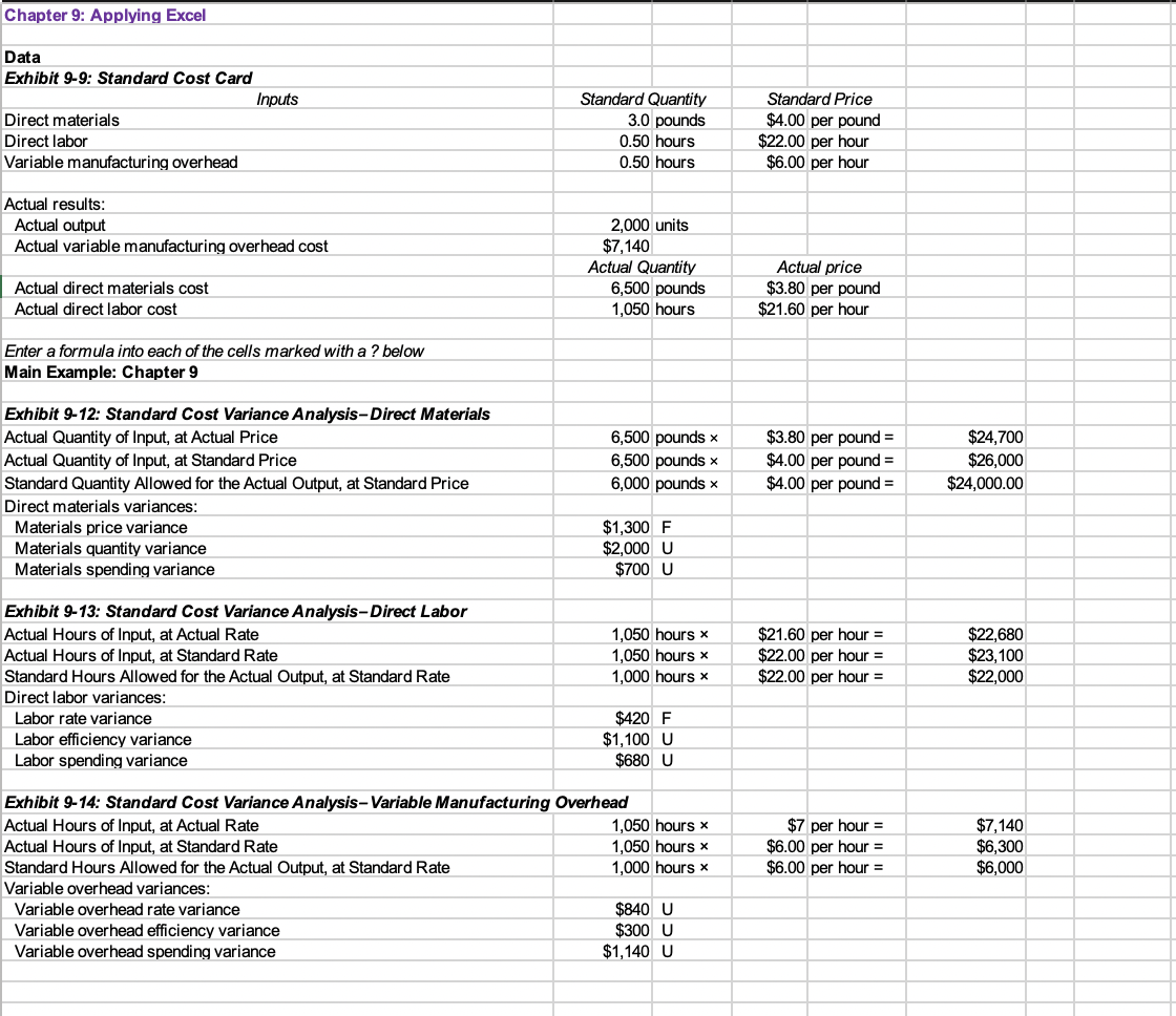 Chapter 9: Applying Excel Data Exhibit 9-9: Standard | Chegg.com