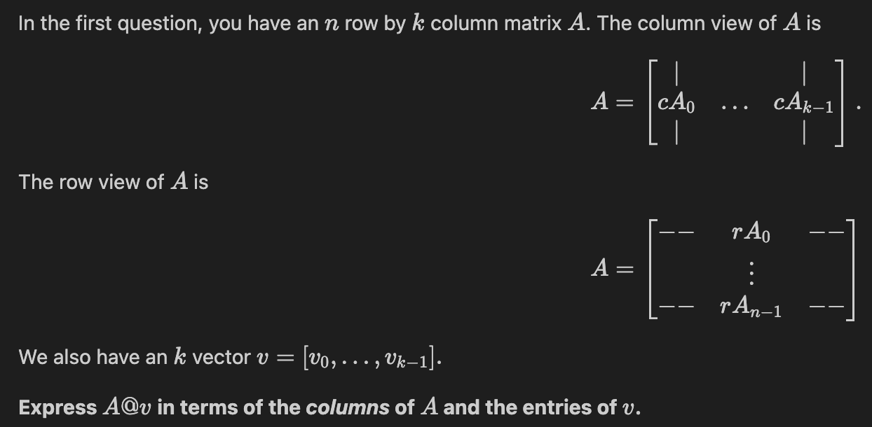 Solved In the first question, you have an n row by k column | Chegg.com