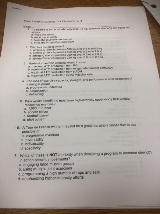 Solved Exam 5. HHP 3340, Spring 2019, Chapters 9, 10, 11 | Chegg.com