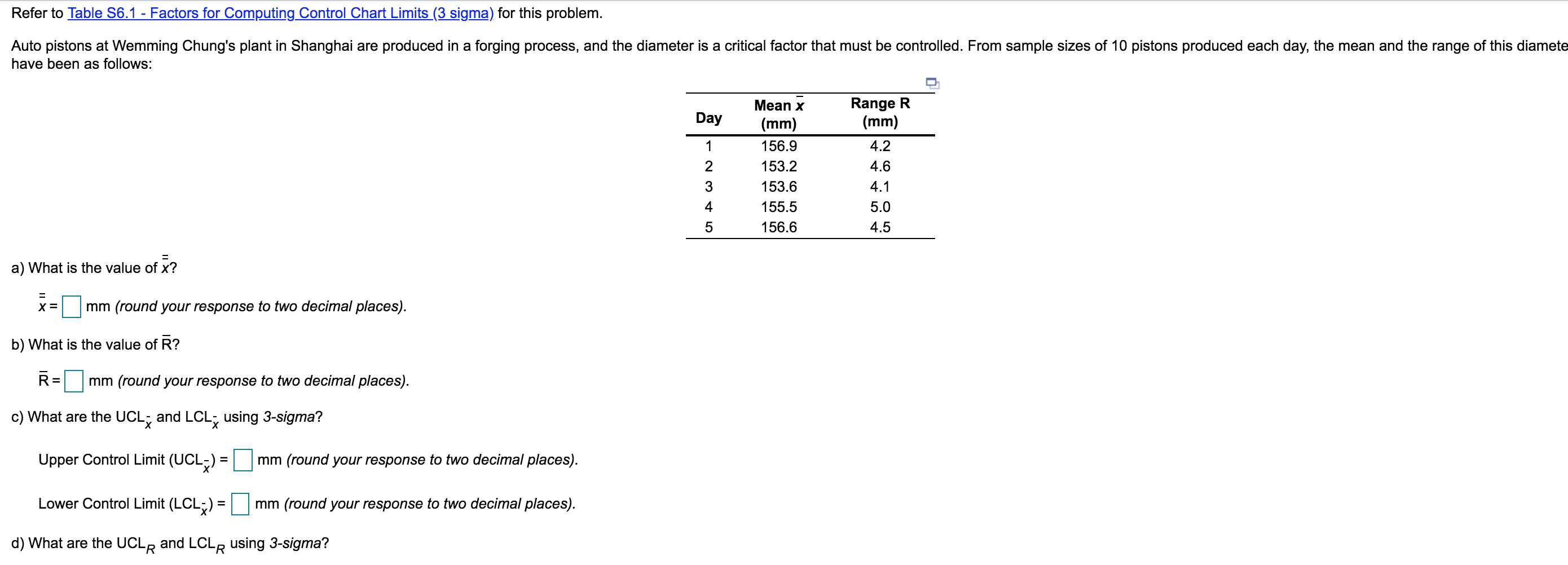 Solved Refer to Table S6.1 Factors for Computing Control
