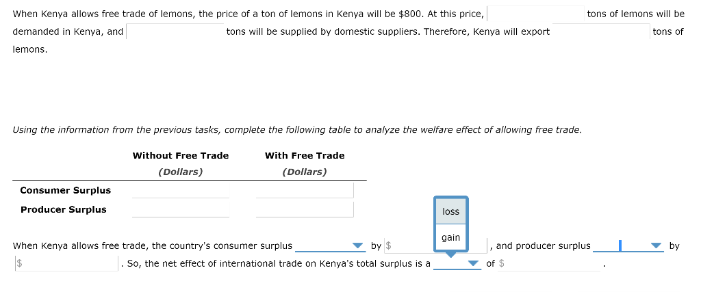 When kenya allows free trade of lemons, the price of a ton of lemons in kenya will be $800. at this price, tons of lemons wil