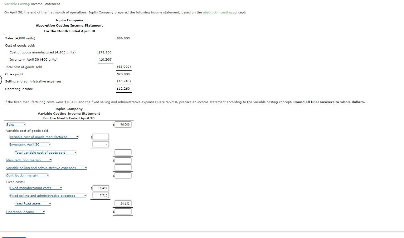 Solved Variable Costing Statement On April 30, the