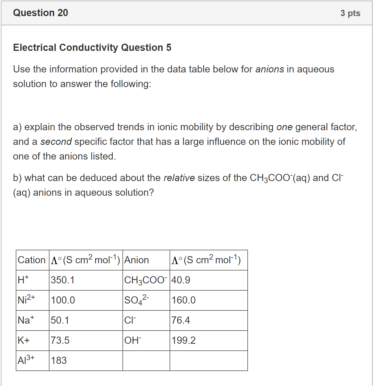 Solved Question 20 3 pts Electrical Conductivity Question 5 | Chegg.com
