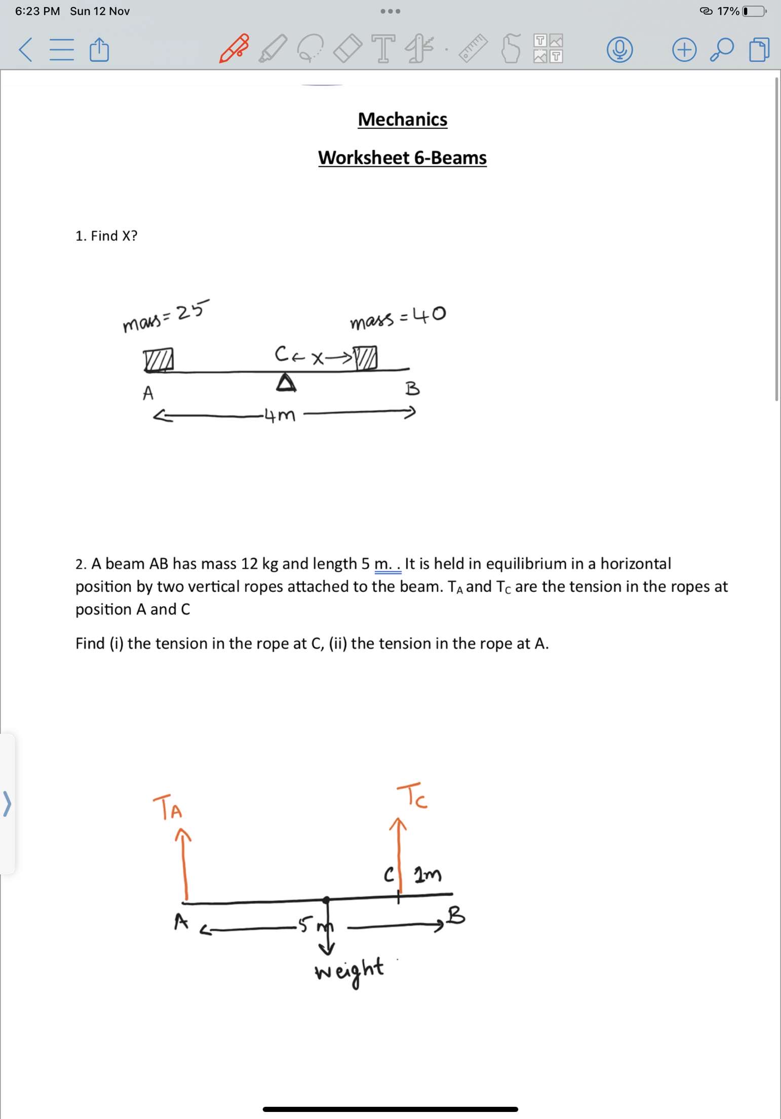 Solved MechanicsWorksheet 6-BeamsFind x ?A beam AB ﻿has mass | Chegg.com