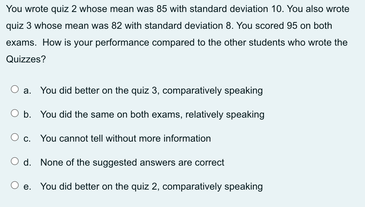 Solved You Wrote Quiz 2 Whose Mean Was 85 With Standard | Chegg.com