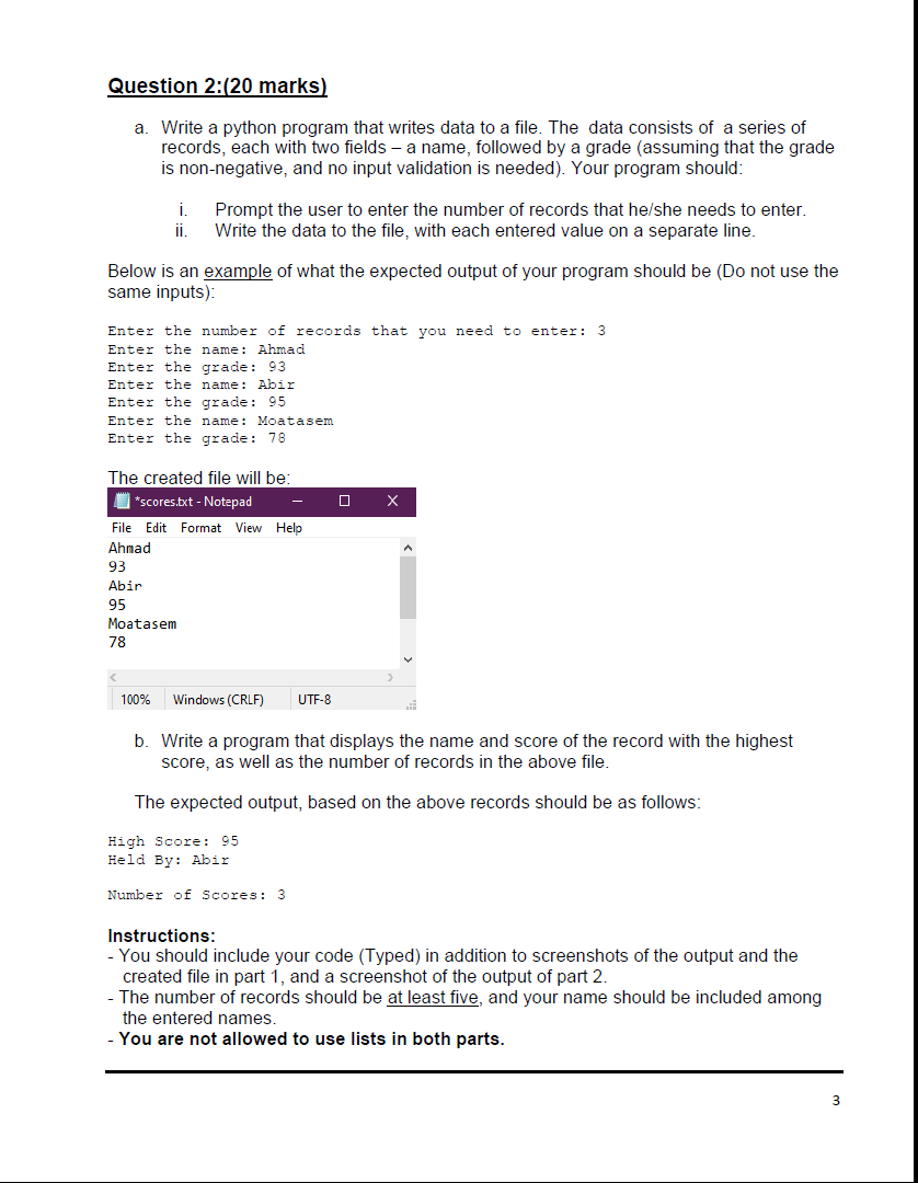 Solved Question 2:20 marks) a. Write a python program that | Chegg.com