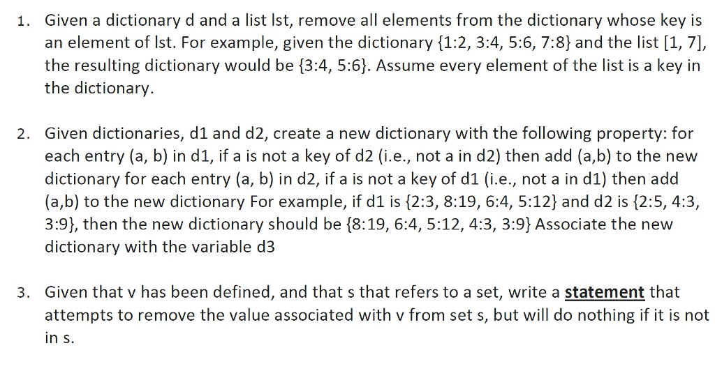 Solved 1. Given A Dictionary D And A List Lst, Remove All | Chegg.com