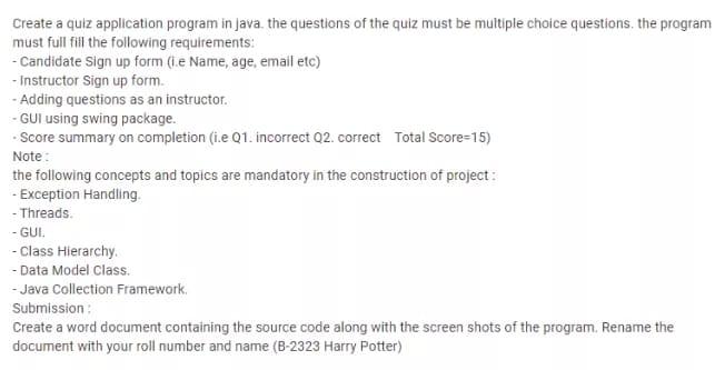 Create a quiz application program in java, the | Chegg.com