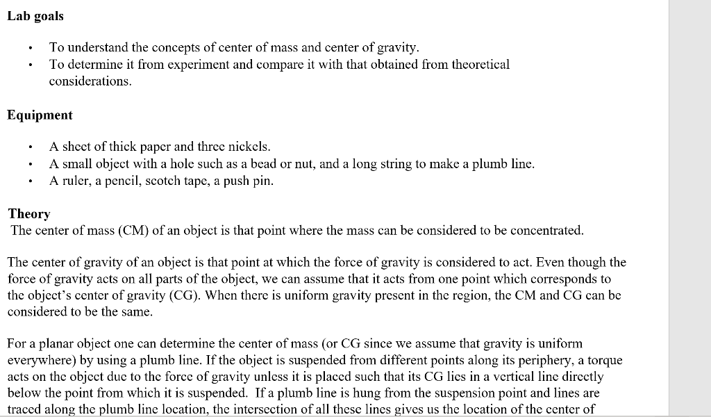 Solved Lab goals . To understand the concepts of center of