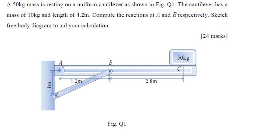 Solved A 50kg mass is resting on a uniform cantilever as | Chegg.com