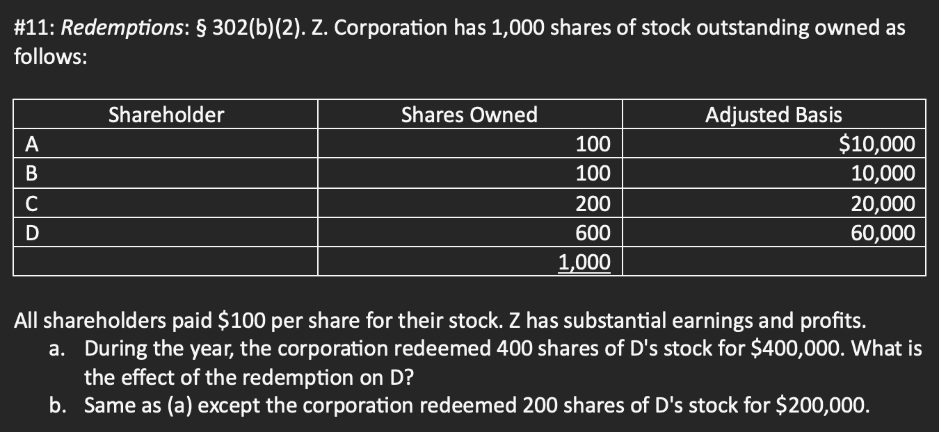 Solved \#11: Redemptions: §302(b)(2). Z. Corporation has | Chegg.com