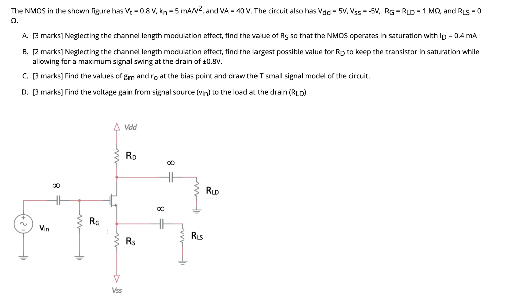 Solved The NMOS in the shown figure has Vt = 0.8V, kn = 5 | Chegg.com