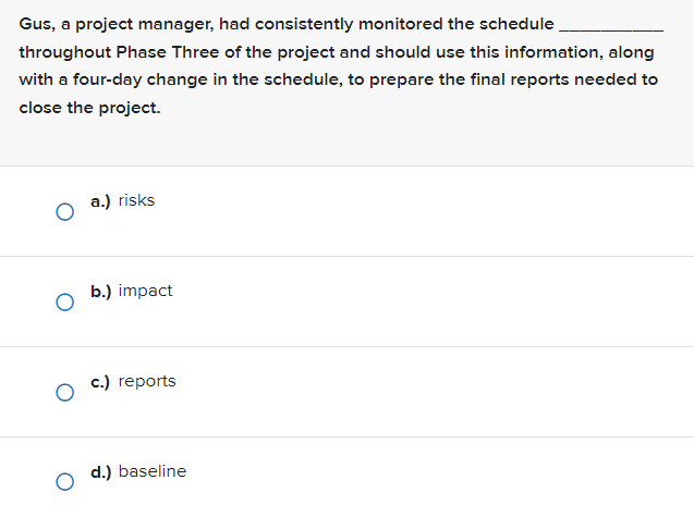 Solved Gus, a project manager, had consistently monitored | Chegg.com