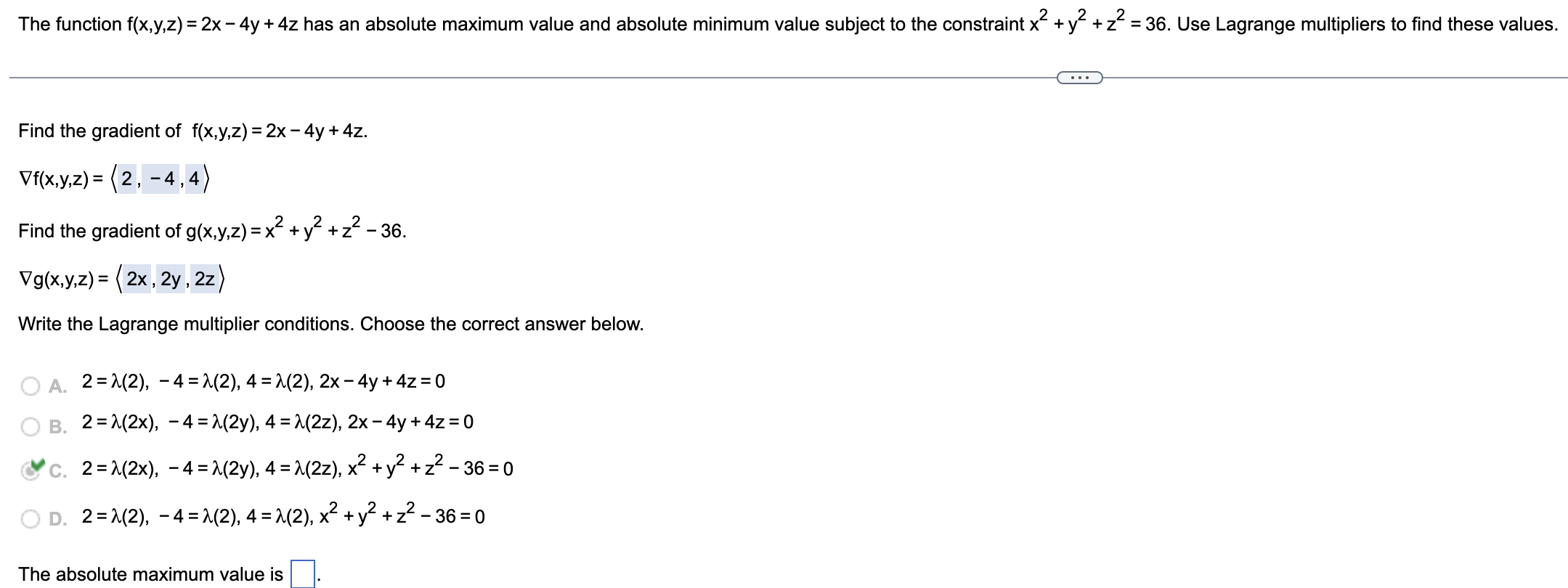 Solved The Function F X Y Z 2x−4y 4z Has An Absolute