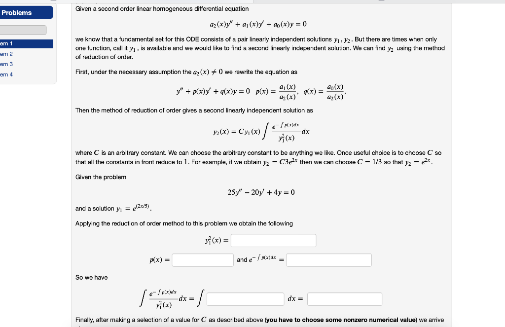 Solved Problems Given a second order linear homogeneous | Chegg.com