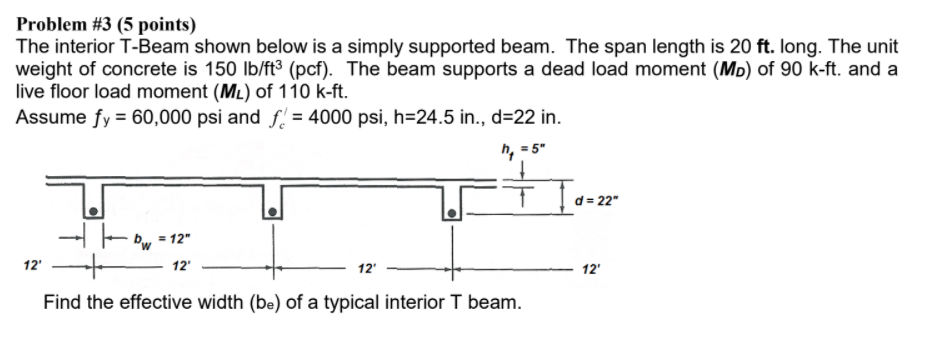 Solved Problem #3 (5 points) The interior T-Beam shown below | Chegg.com