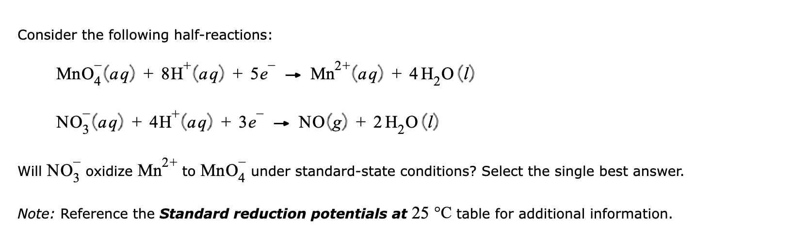 Solved Consider the following half-reactions: | Chegg.com