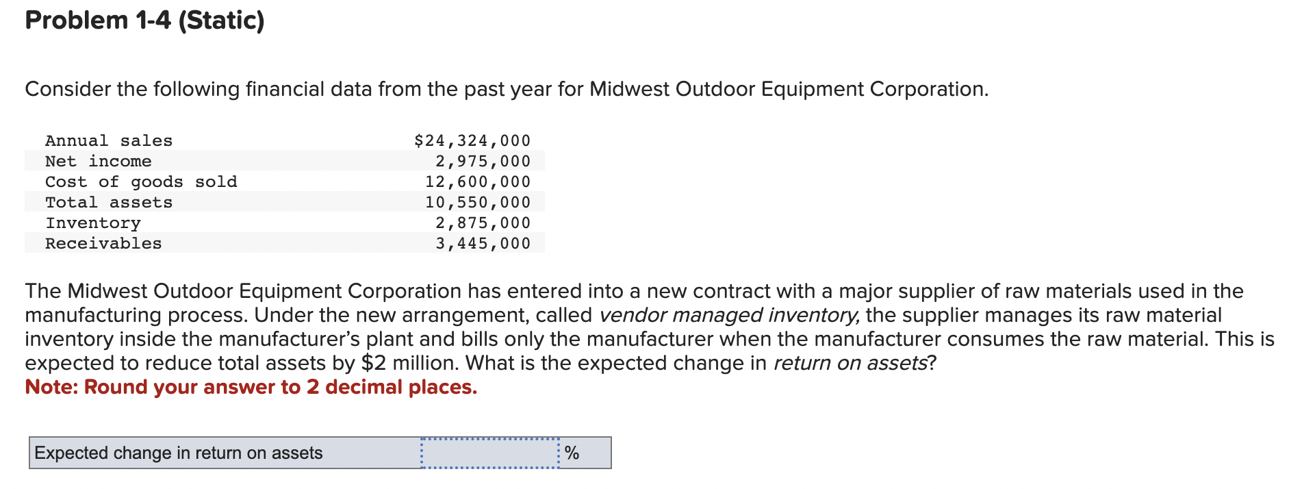 Consider the following financial data from the past year for Midwest Outdoor Equipment Corporation.
The Midwest Outdoor Equip