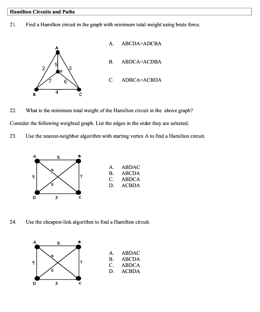 Solved Hamilton Circuits and Paths 21. Find a Hamilton | Chegg.com