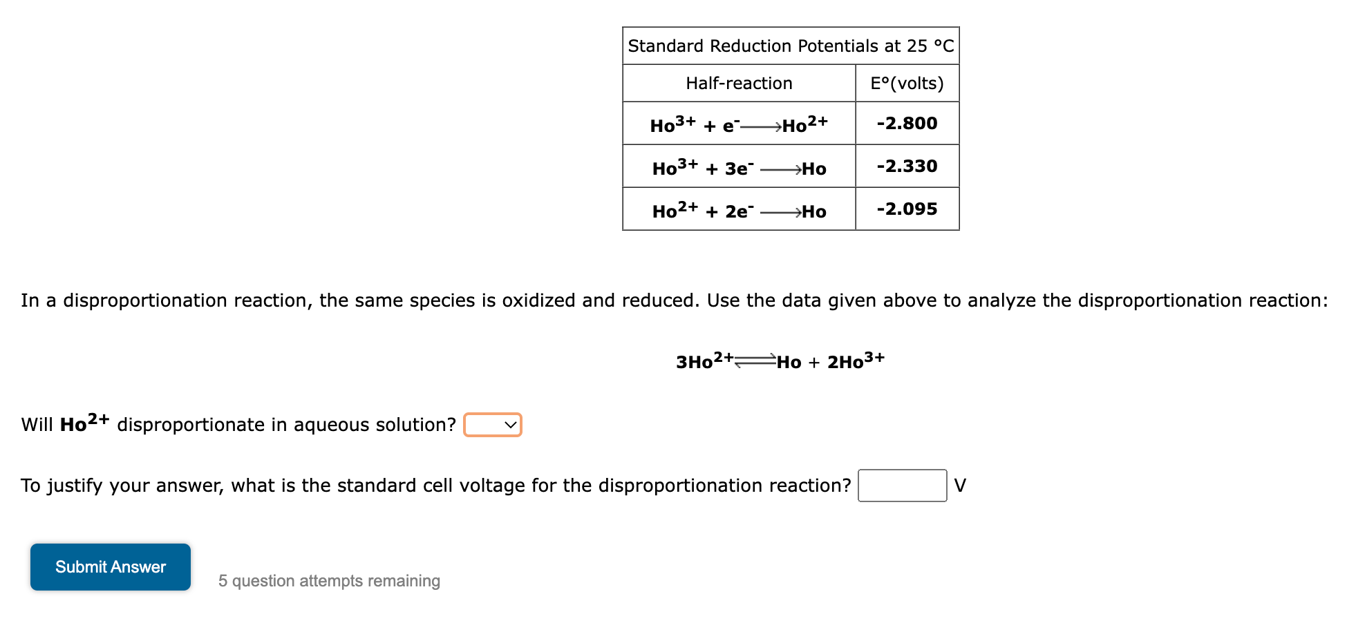 Solved 3Ho2+⇌Ho+2Ho3+ | Chegg.com