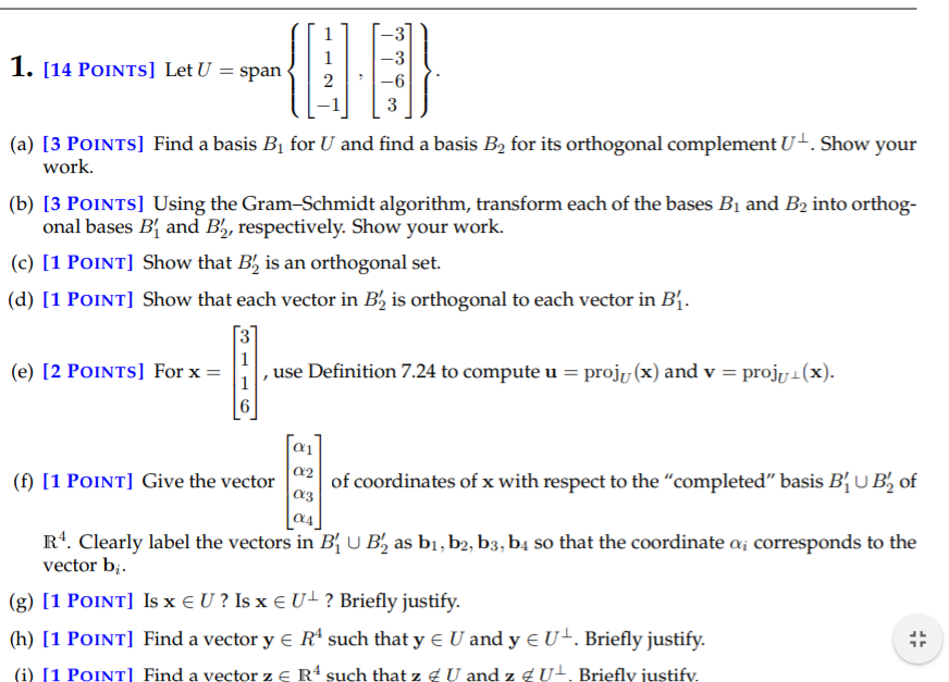 Solved 1 14 Points Let U Span 3 6 3 A 3 Points Chegg Com