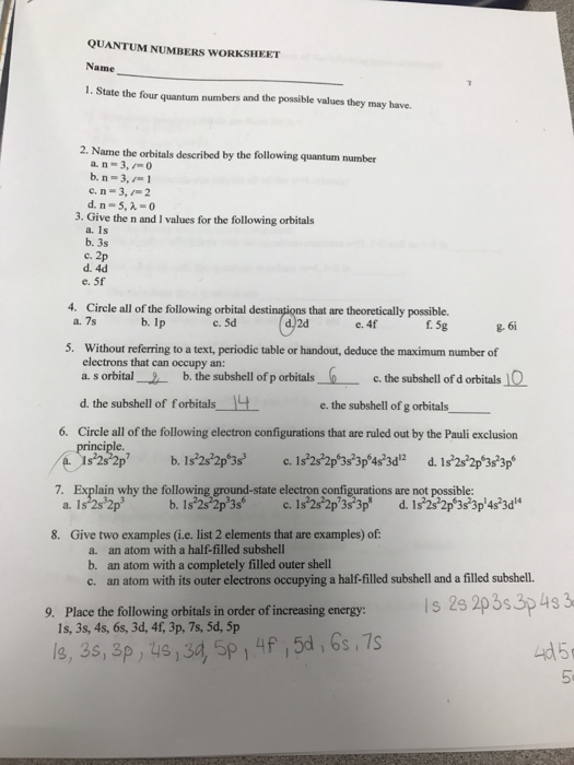 Post: Quantum Numbers Worksheet With Answers Worksheets Curriculum