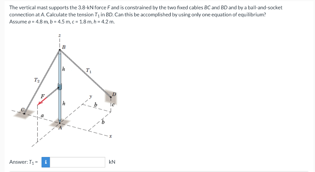 The vertical mast supports the 3.8-kN force F and is constrained by the two fixed cables BC and BD and by a ball-and-socket
c