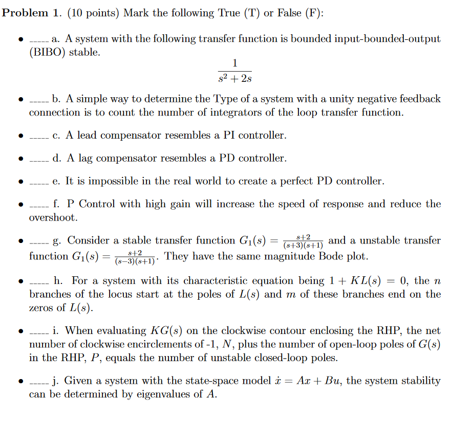 Solved Problem 1 10 Points Mark The Following True T Chegg Com