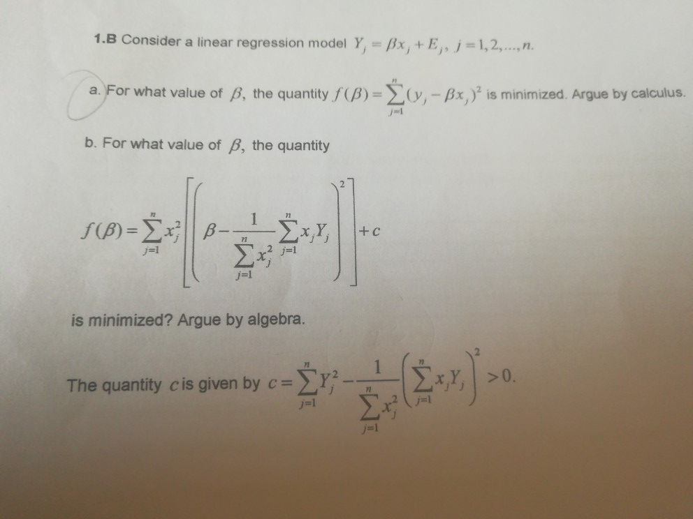 Solved 1.B Consider A Linear Regression Model Y,= Bx, +E,, J | Chegg.com