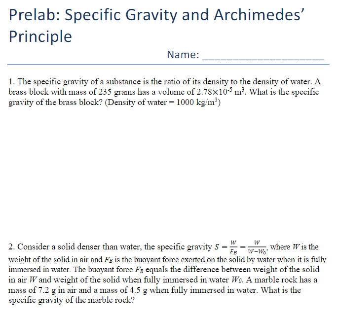 Solved Prelab: Specific Gravity and Archimedes' Principle | Chegg.com