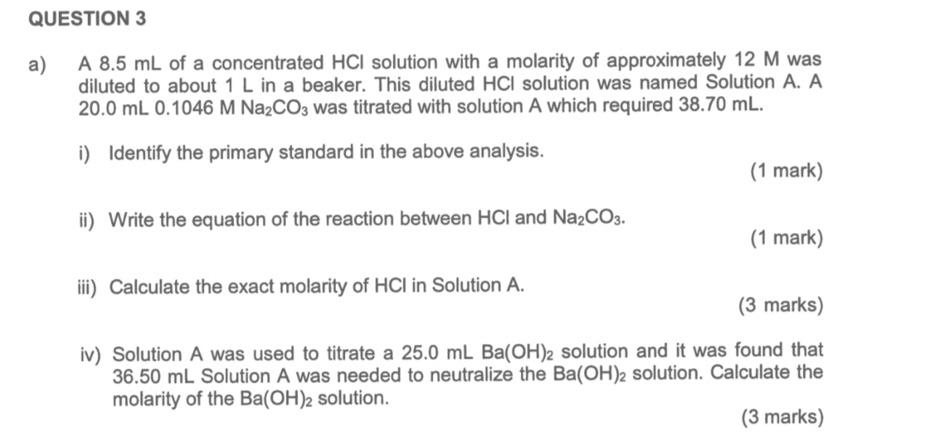 Solved a) A 8.5 mL of a concentrated HCl solution with a | Chegg.com