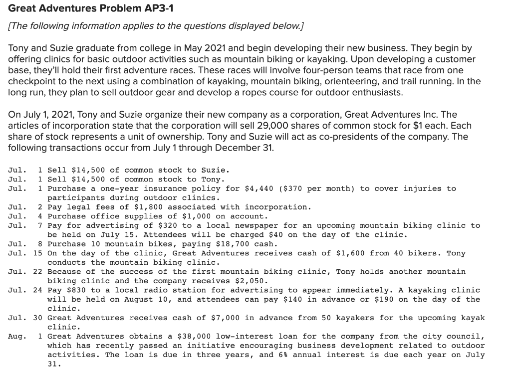 Solved Great Adventures Problem AP3-1 [The following | Chegg.com