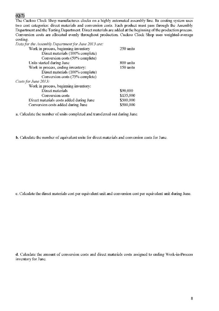 Solved (Q.7) The Cuckoo Clock Shop manufactures clocks on a