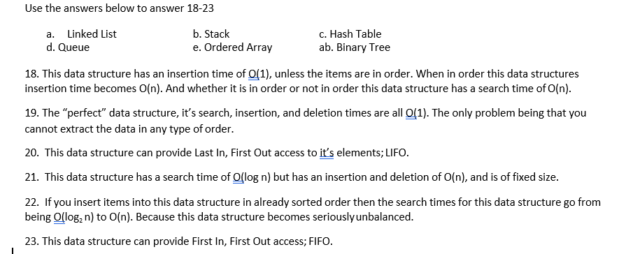 Solved Use the answers below to answer 18-23 a. Linked List | Chegg.com