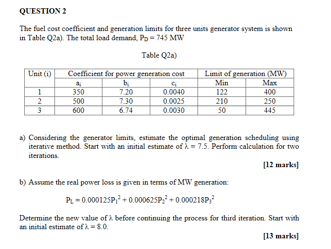 Solved QUESTION 2 The fuel cost coefficient and generation | Chegg.com