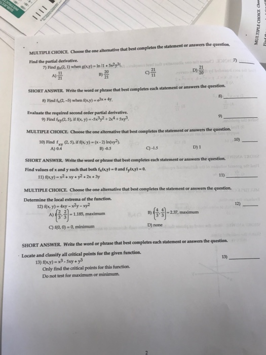 Solved MULTIPLE CHOICE Choose the one alternative that best | Chegg.com