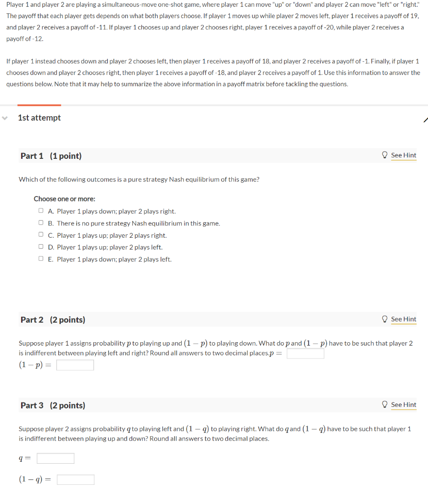 Solved Player 1 And Player 2 Are Playing A Simultaneous-move | Chegg.com