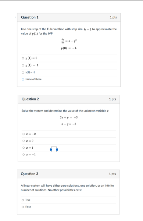 Solved Question 1 1 pts Use one step of the Euler method | Chegg.com