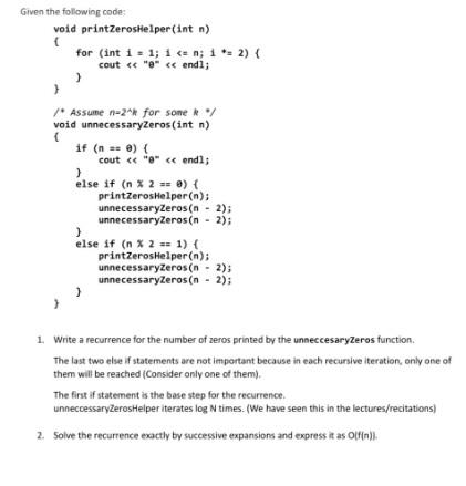 Solved iven the following code; 1. Write a recurrence for | Chegg.com