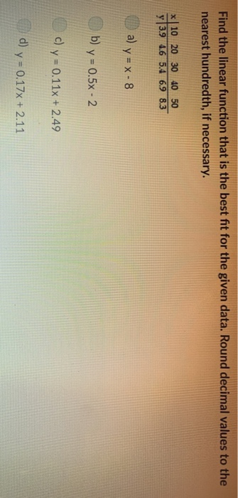 Solved Find the linear function that is the best fit for the | Chegg.com