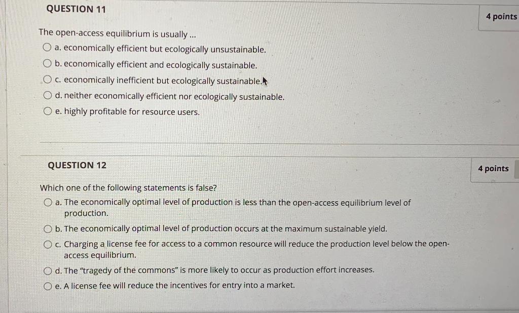 Solved QUESTION 11 4 points The open-access equilibrium is | Chegg.com