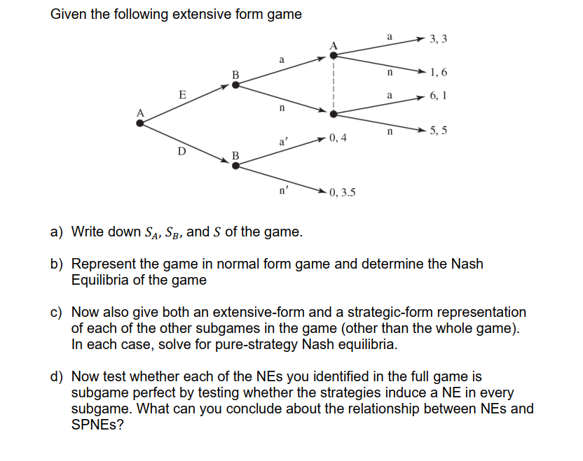 Given the following extensive form game a 3,3 a B n | Chegg.com