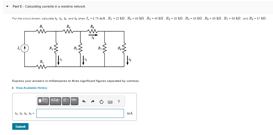 Solved For the circuit shown, calculate i2,i3,i6, and i8 | Chegg.com